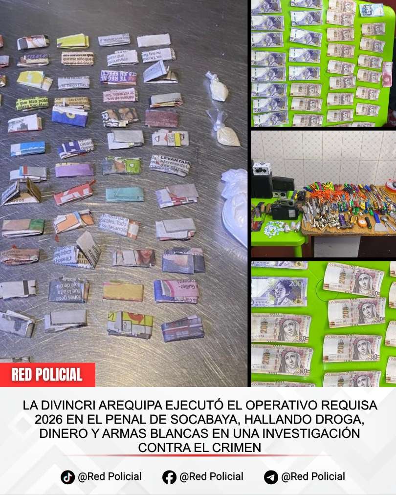 Imagen: La DIVINCRI Arequipa ejecutó el operativo Requisa 2026 en el penal de Socabaya, hallando droga, dinero y armas blancas en una investigación contra el crimen 