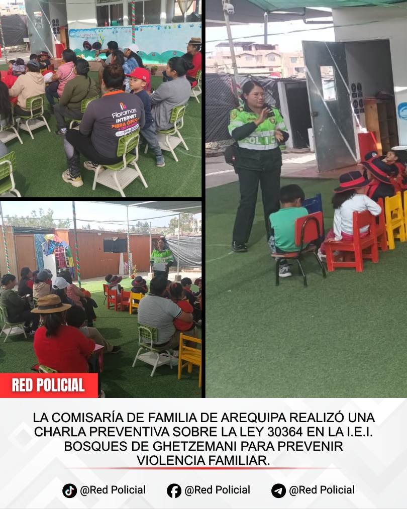 Imagen: La Comisaría de Familia de Arequipa realizó una charla preventiva sobre la Ley 30364 en la I.E.I. Bosques de Ghetzemani para prevenir violencia familiar. 