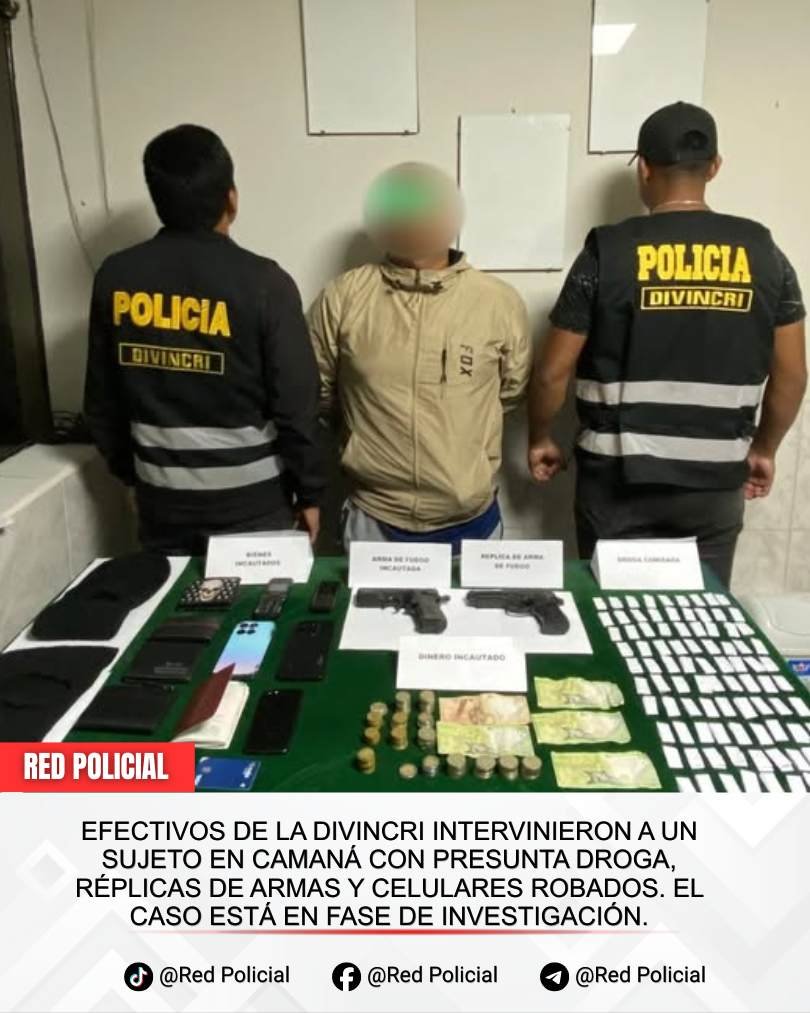 Imagen: Efectivos de la DIVINCRI intervinieron a un sujeto en Camaná con presunta droga, réplicas de armas y celulares robados. El caso está en fase de investigación. 