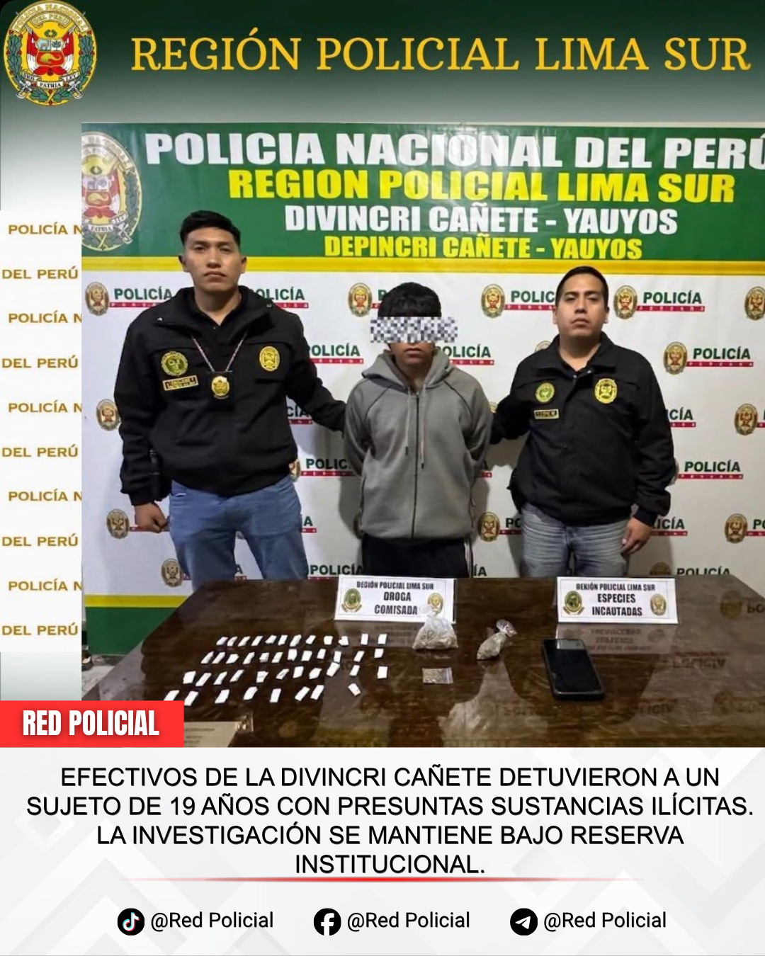 Imagen: Efectivos de la DIVINCRI Cañete detuvieron a un sujeto de 19 años con presuntas sustancias ilícitas. La investigación se mantiene bajo reserva institucional. 