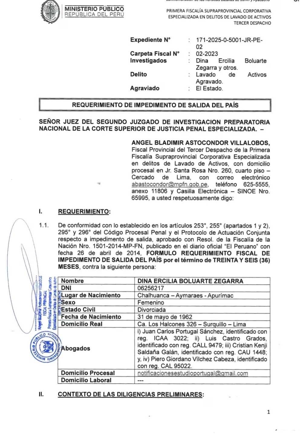 Archivo tipo Imagen sobre: Pedido de impedimento de salida del país contra Dina Boluarte.